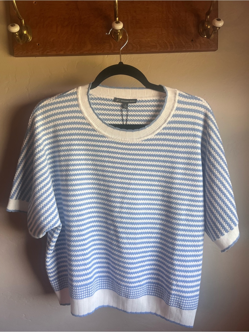 Adrianna Papell Blue and White Striped Short-Sleeve Knit Top - Picture 4 of 4